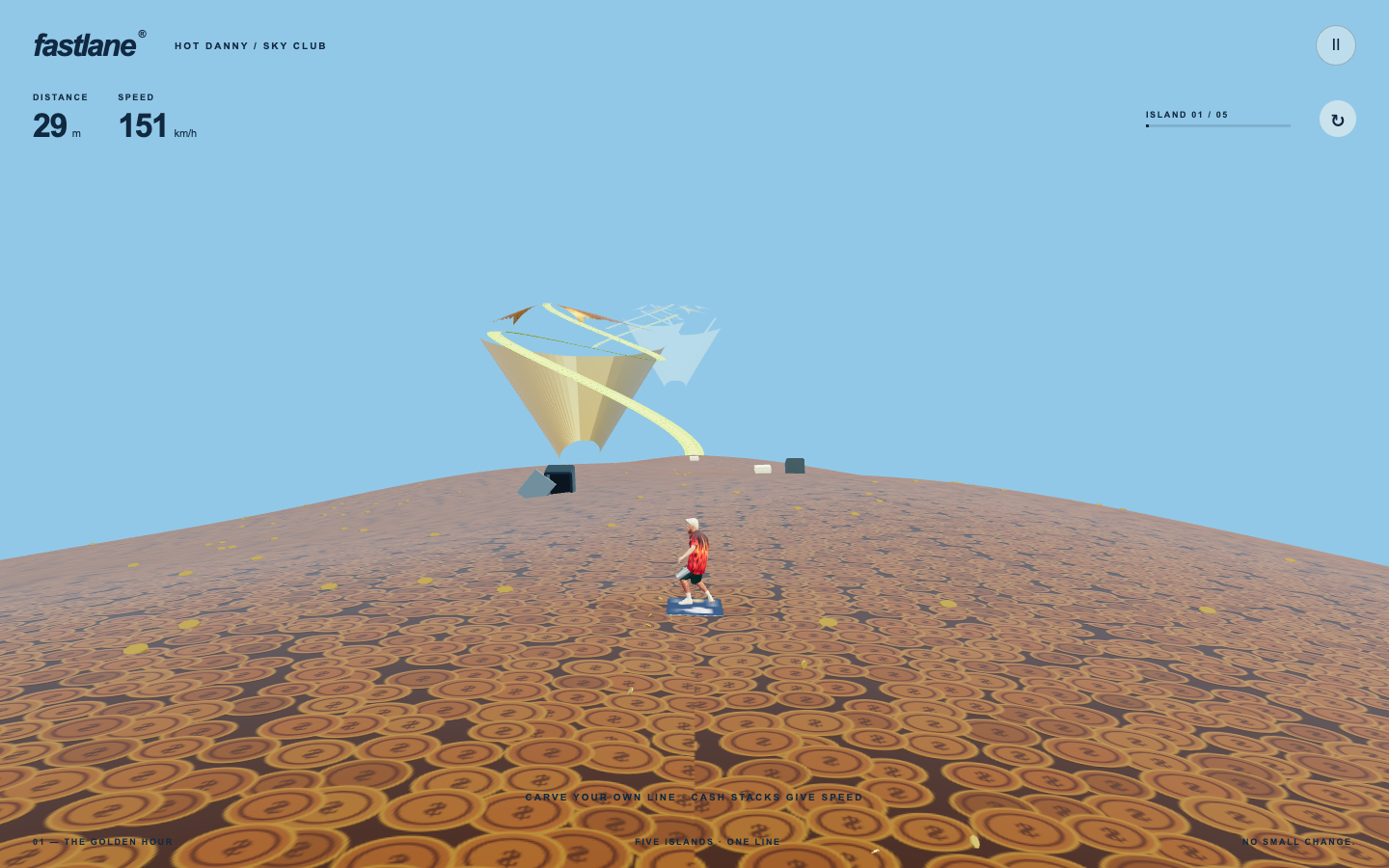 Fastlane prototype with a rider carving across a golden course