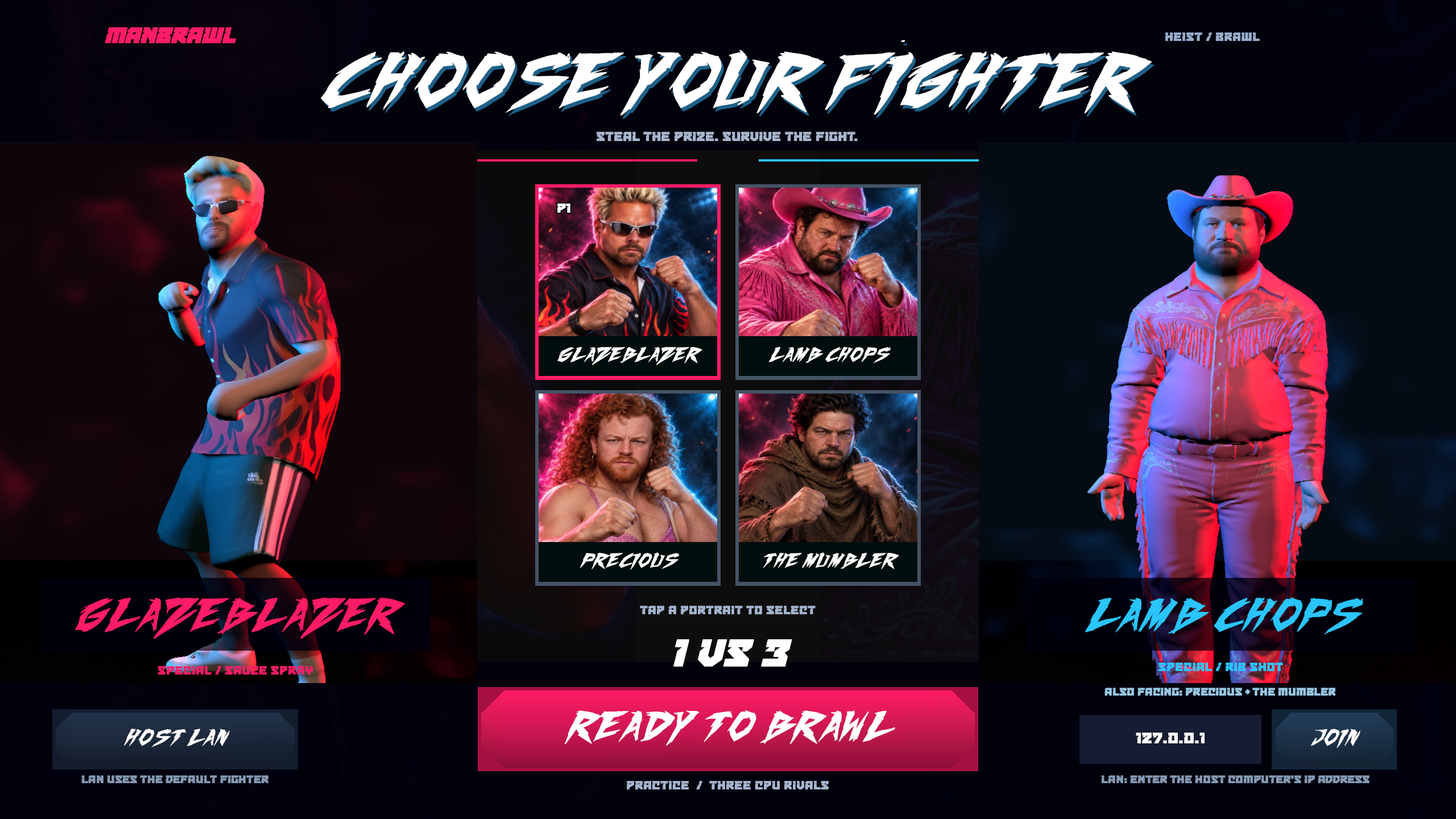 Development screenshot of the ManBrawl fighter selection, with Glazeblazer and Lamb Chops lit in pink and blue